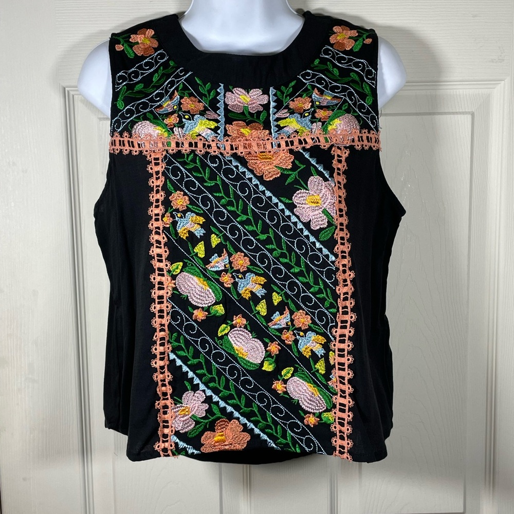 Floral Embroidered Black Sleeveless Blouse